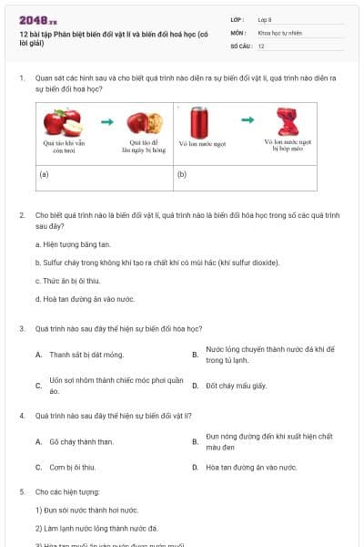 12 bài tập Phân biệt biến đổi vật lí và biến đổi hoá học (có lời giải)