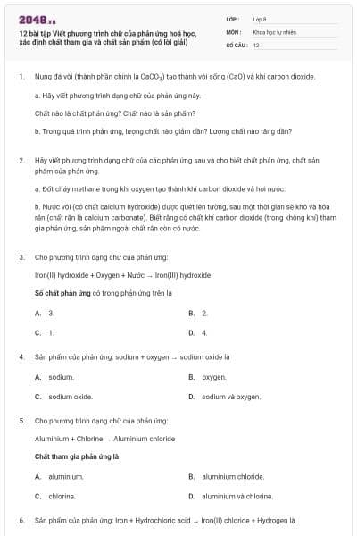 12 bài tập Viết phương trình chữ của phản ứng hoá học, xác định chất tham gia và chất sản phẩm (có lời giải)