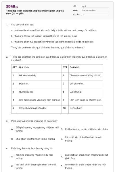 12 bài tập Phân biệt phản ứng thu nhiệt và phản ứng toả nhiệt (có lời giải)