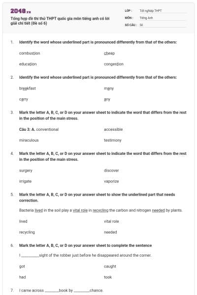 Tổng hợp đề thi thử THPT quốc gia môn tiếng anh có lời giải chi tiết (Đề số 6)