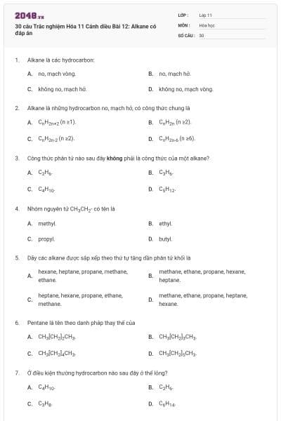 30 câu Trắc nghiệm Hóa 11 Cánh diều Bài 12: Alkane có đáp án