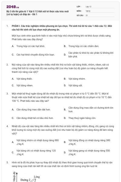 Bộ 3 đề thi giữa kì 1 Vật lí 12 Kết nối tri thức cấu trúc mới (có tự luận) có đáp án - Đề 1