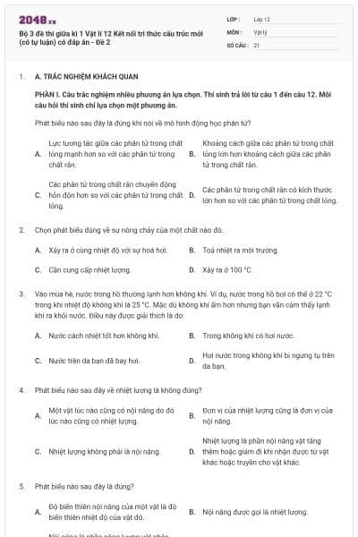 Bộ 3 đề thi giữa kì 1 Vật lí 12 Kết nối tri thức cấu trúc mới (có tự luận) có đáp án - Đề 2