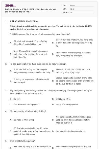 Bộ 3 đề thi giữa kì 1 Vật lí 12 Kết nối tri thức cấu trúc mới (có tự luận) có đáp án - Đề 3