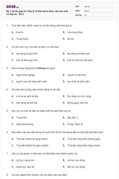 Bộ 3 đề thi giữa kì 2 Địa lý 10 Kết nối tri thức cấu trúc mới có đáp án - Đề 2