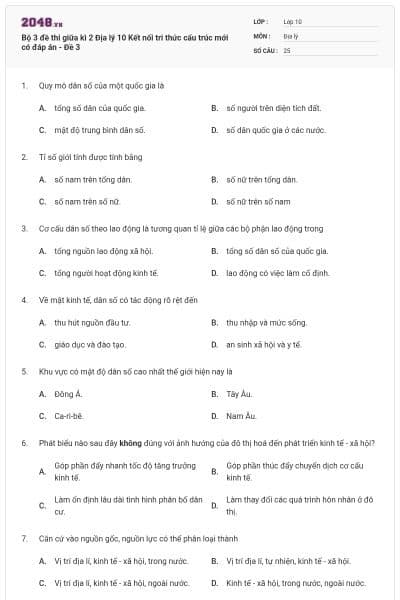 Bộ 3 đề thi giữa kì 2 Địa lý 10 Kết nối tri thức cấu trúc mới có đáp án - Đề 3