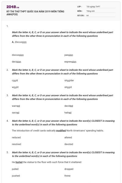 KỲ THI THỬ THPT QUỐC GIA NĂM 2019 MÔN TIẾNG ANH(P20)