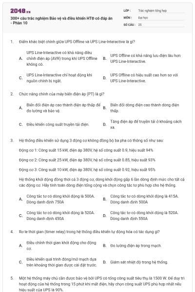 300+ câu trắc nghiệm Bảo vệ và điều khiển HTĐ có đáp án - Phần 10