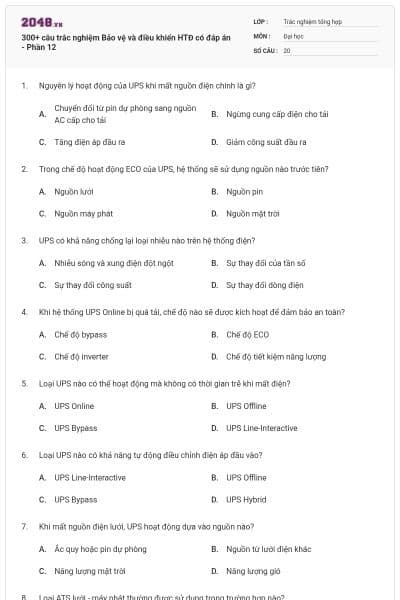 300+ câu trắc nghiệm Bảo vệ và điều khiển HTĐ có đáp án - Phần 12