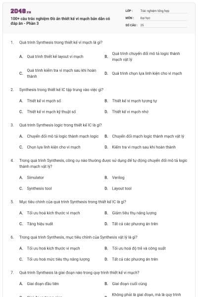 100+ câu trắc nghiệm Đồ án thiết kế vi mạch bán dẫn có đáp án - Phần 3