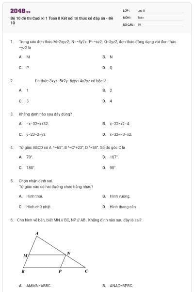 Bộ 10 đề thi Cuối kì 1 Toán 8 Kết nối tri thức có đáp án - Đề 10