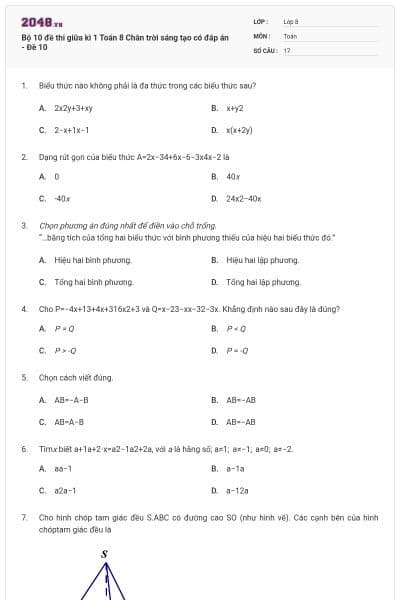 Bộ 10 đề thi giữa kì 1 Toán 8 Chân trời sáng tạo có đáp án - Đề 10