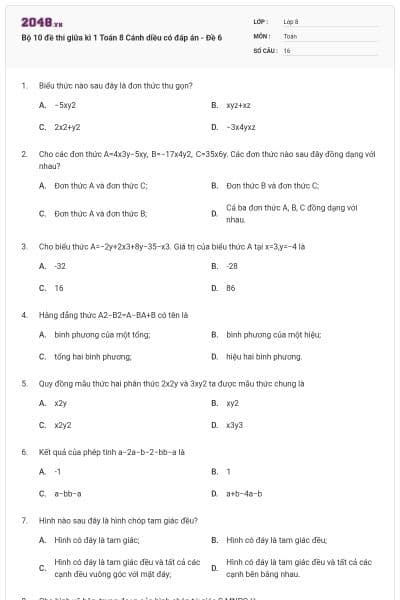 Bộ 10 đề thi giữa kì 1 Toán 8 Cánh diều có đáp án - Đề 6