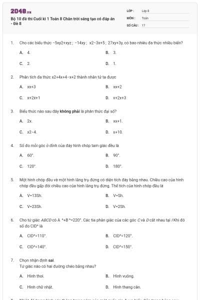 Bộ 10 đề thi Cuối kì 1 Toán 8 Chân trời sáng tạo có đáp án - Đề 8