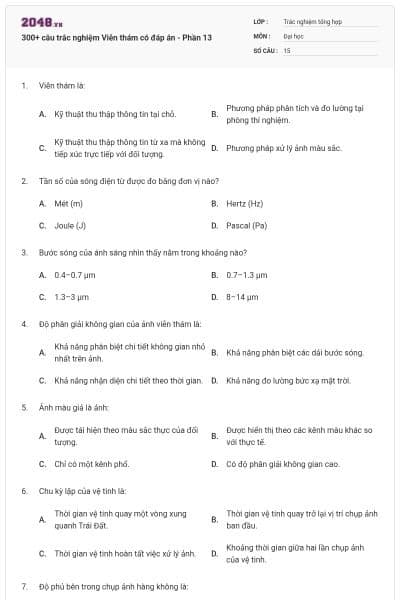 300+ câu trắc nghiệm Viễn thám có đáp án - Phần 13