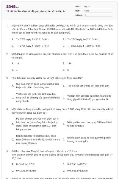 12 bài tập Xác định tốc độ góc, chu kì, tần số có đáp án
