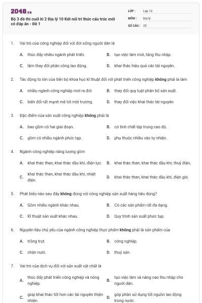 Bộ 3 đề thi cuối kì 2 Địa lý 10 Kết nối tri thức cấu trúc mới có đáp án - Đề 1
