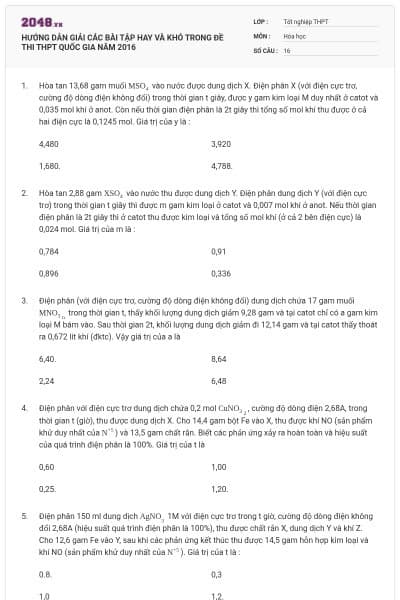 HƯỚNG DẪN GIẢI CÁC BÀI TẬP HAY VÀ KHÓ TRONG ĐỀ THI THPT QUỐC GIA NĂM 2016