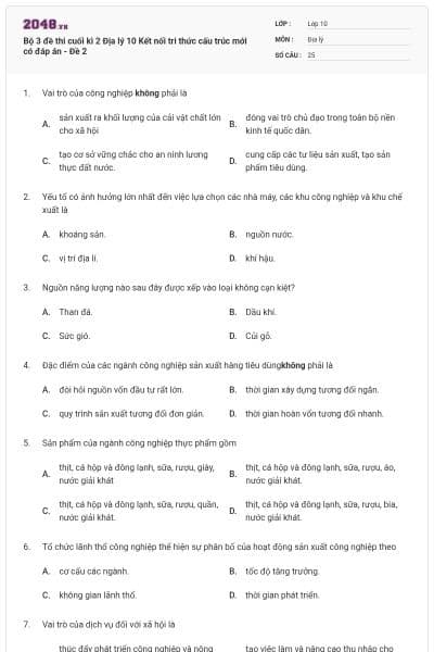 Bộ 3 đề thi cuối kì 2 Địa lý 10 Kết nối tri thức cấu trúc mới có đáp án - Đề 2