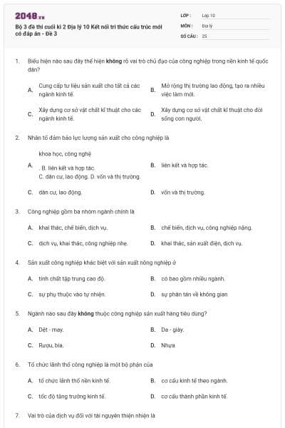 Bộ 3 đề thi cuối kì 2 Địa lý 10 Kết nối tri thức cấu trúc mới có đáp án - Đề 3