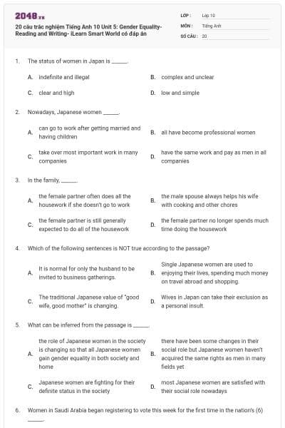 20 câu trắc nghiệm Tiếng Anh 10 Unit 5: Gender Equality-Reading and Writing- iLearn Smart World có đáp án