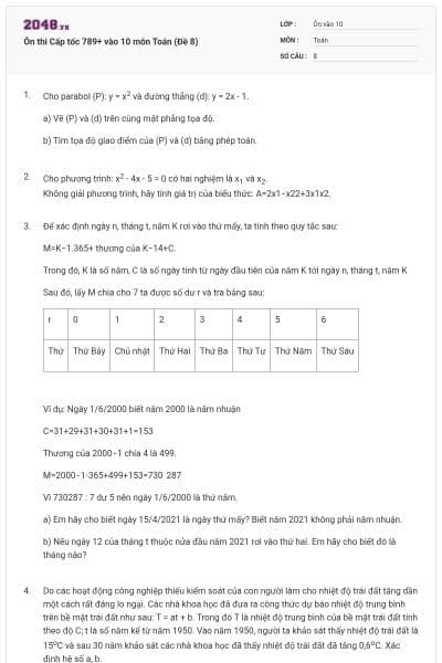 Ôn thi Cấp tốc 789+ vào 10 môn Toán (Đề 8)