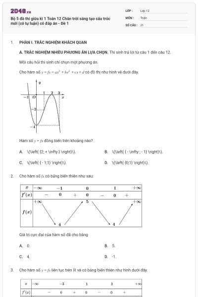 Bộ 5 đề thi giữa kì 1 Toán 12 Chân trời sáng tạo cấu trúc mới (có tự luận) có đáp án - Đề 1