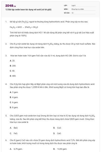12 Bài tập oxide base tác dụng với acid (có lời giải)
