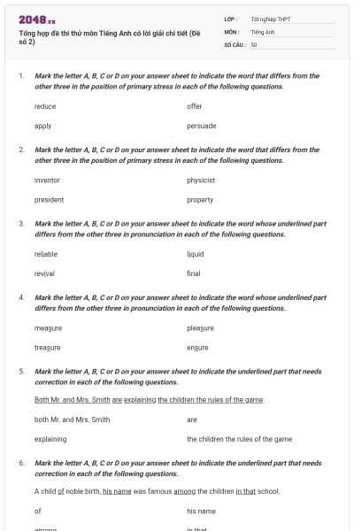 Tổng hợp đề thi thử môn Tiếng Anh có lời giải chi tiết (Đề số 2)