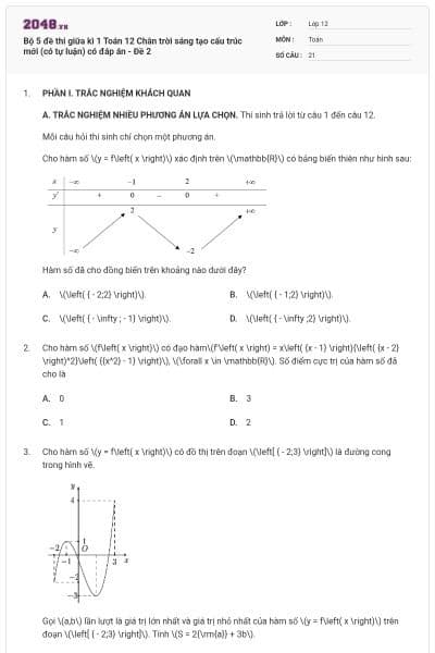 Bộ 5 đề thi giữa kì 1 Toán 12 Chân trời sáng tạo cấu trúc mới (có tự luận) có đáp án - Đề 2