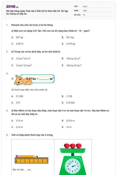 Bài tập hàng ngày Toán lớp 5 Kết nối tri thức Bài 34. Ôn tập đo lường có đáp án