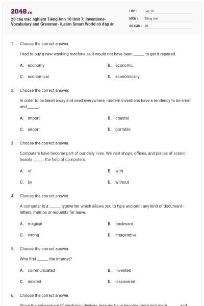 20 câu trắc nghiệm Tiếng Anh 10 Unit 7: Inventions-Vocabulary and Grammar- iLearn Smart World có đáp án
