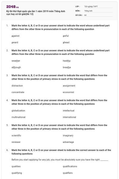 Kỳ thi thử thpt quốc gia lần 1 năm 2019 môn Tiếng Anh cực hay có lời giải(Đề 13)