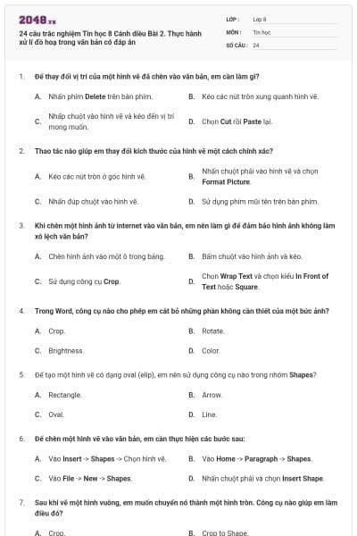 24 câu trắc nghiệm Tin học 8 Cánh diều Bài 2. Thực hành xử lí đồ hoạ trong văn bản có đáp án