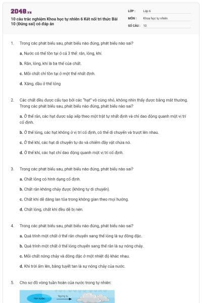 10 câu trắc nghiệm Khoa học tự nhiên 6 Kết nối tri thức Bài 10 (Đúng sai) có đáp án