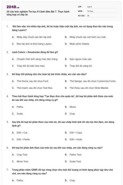 20 câu trắc nghiệm Tin học 8 Cánh diều Bài 7. Thực hành tổng hợp có đáp án