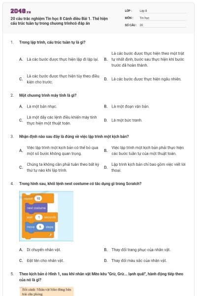 20 câu trắc nghiệm Tin học 8 Cánh diều Bài 1. Thể hiện cấu trúc tuần tự trong chương trìnhcó đáp án