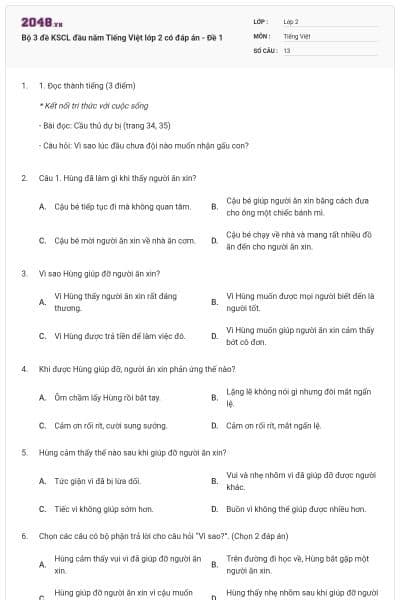 Bộ 3 đề KSCL đầu năm Tiếng Việt lớp 2 có đáp án - Đề 1