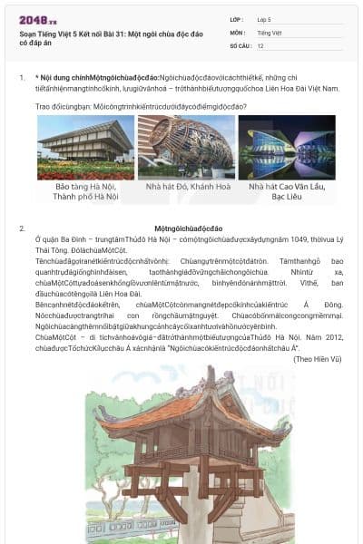 Soạn Tiếng Việt 5 Kết nối Bài 31: Một ngôi chùa độc đáo có đáp án