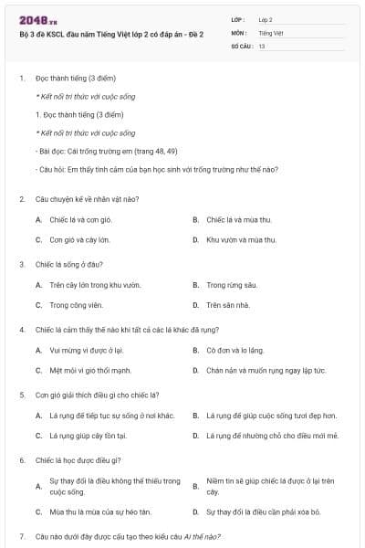 Bộ 3 đề KSCL đầu năm Tiếng Việt lớp 2 có đáp án - Đề 2