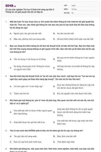 22 câu trắc nghiệm Tin học 8 Chân trời sáng tạo Bài 3. Thông tin với giải quyết vấn đề có đáp án