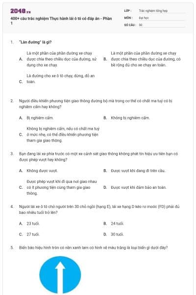 400+ câu trắc nghiệm Thực hành lái ô tô có đáp án - Phần 1