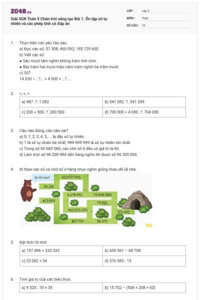 Giải SGK Toán 5 Chân trời sáng tạo Bài 1. Ôn tập số tự nhiên và các phép tính có đáp án