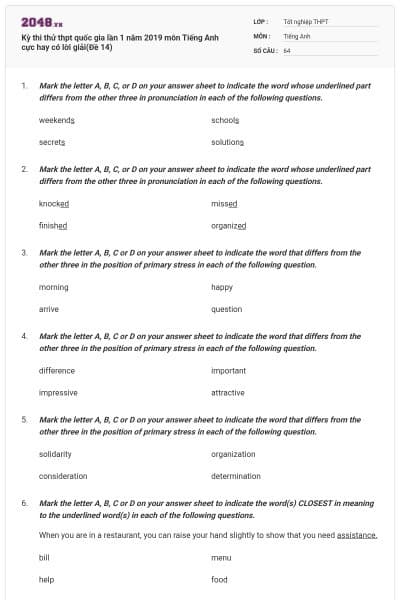 Kỳ thi thử thpt quốc gia lần 1 năm 2019 môn Tiếng Anh cực hay có lời giải(Đề 14)