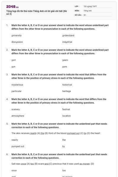 Tổng hợp đề thi thử môn Tiếng Anh có lời giải chi tiết (Đề số 3)