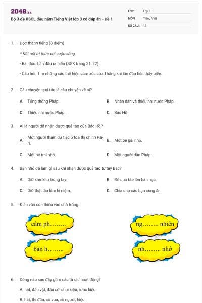 Bộ 3 đề KSCL đầu năm Tiếng Việt lớp 3 có đáp án - Đề 1