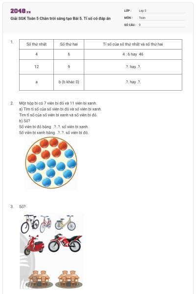 Giải SGK Toán 5 Chân trời sáng tạo Bài 5. Tỉ số có đáp án