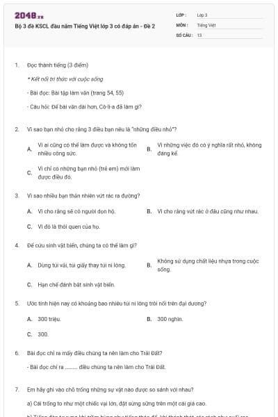 Bộ 3 đề KSCL đầu năm Tiếng Việt lớp 3 có đáp án - Đề 2