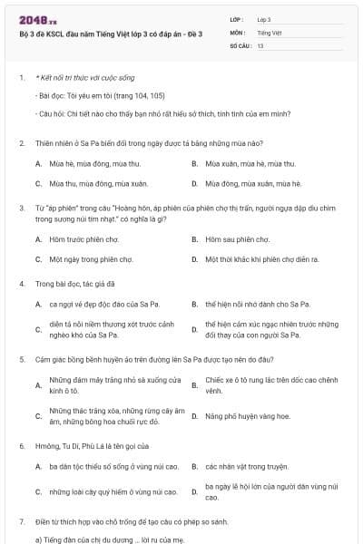 Bộ 3 đề KSCL đầu năm Tiếng Việt lớp 3 có đáp án - Đề 3