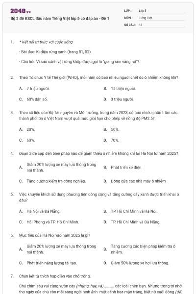 Bộ 3 đề KSCL đầu năm Tiếng Việt lớp 5 có đáp án - Đề 1